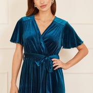 Yumi Teal Wrap Over Midi Dress with Angel Sleeves and Split Hem