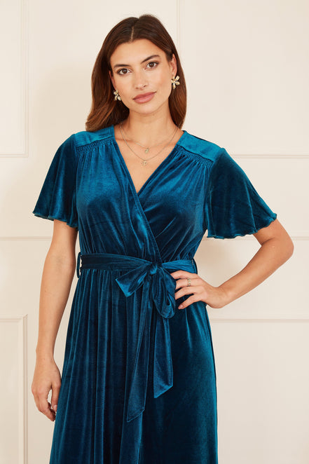 Yumi Teal Wrap Over Midi Dress with Angel Sleeves and Split Hem
