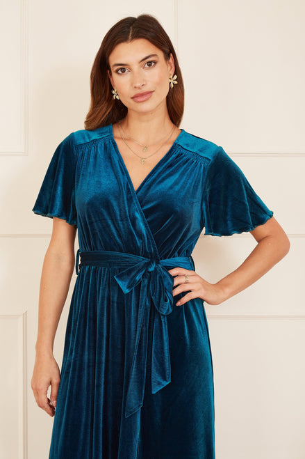 Yumi Teal Wrap Over Midi Dress with Angel Sleeves and Split Hem