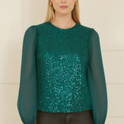 Yumi Green Sequin Top with Sheer Sleeves