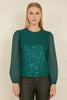 Yumi Green Sequin Top With Sheer Sleeves