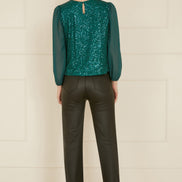 Yumi Green Sequin Top with Sheer Sleeves