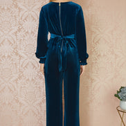 Yumi Teal Velvet Long Sleeve Jumpsuit