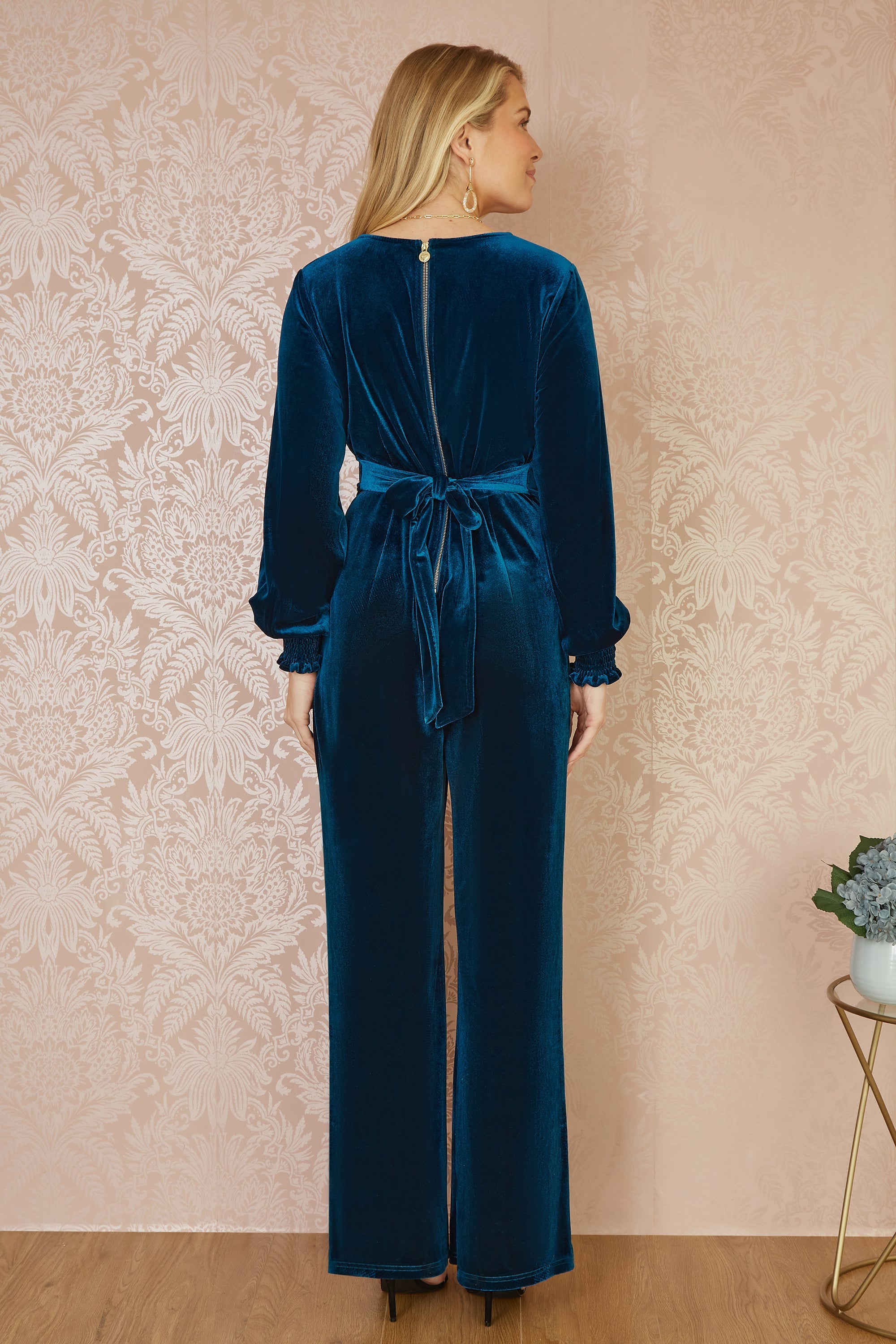 Yumi Teal Velvet Long Sleeve Jumpsuit