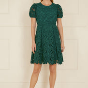 Yumi Green Lace Skater Dress with Puff Sleeves