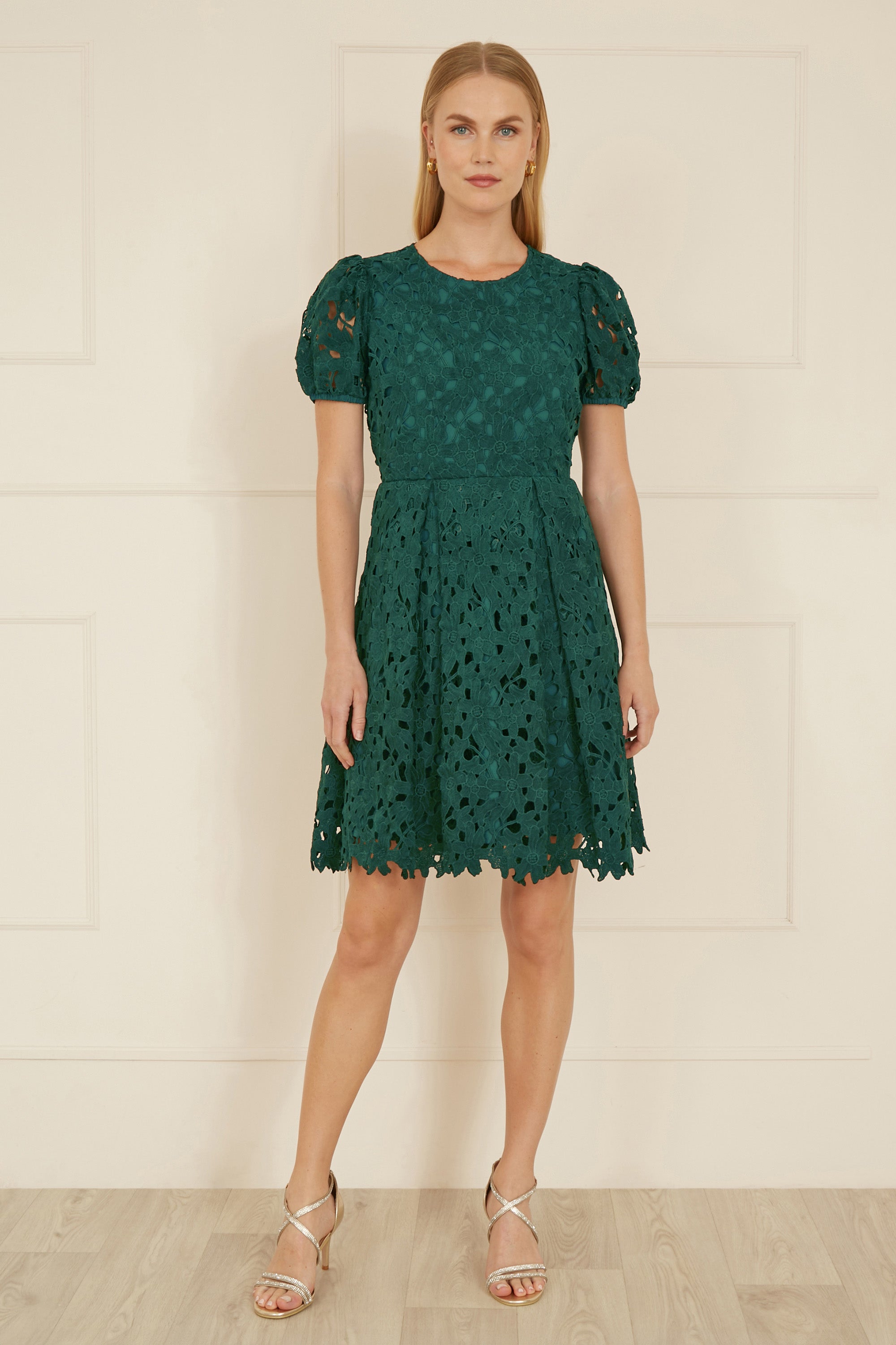 Yumi Green Lace Skater Dress with Puff Sleeves