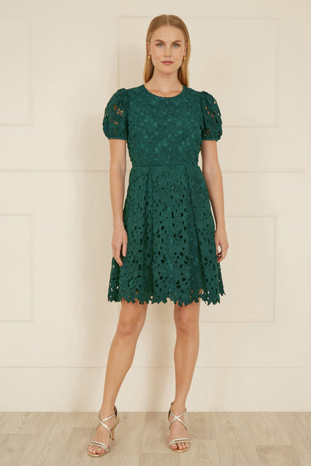 Yumi Green Lace Skater Dress with Puff Sleeves