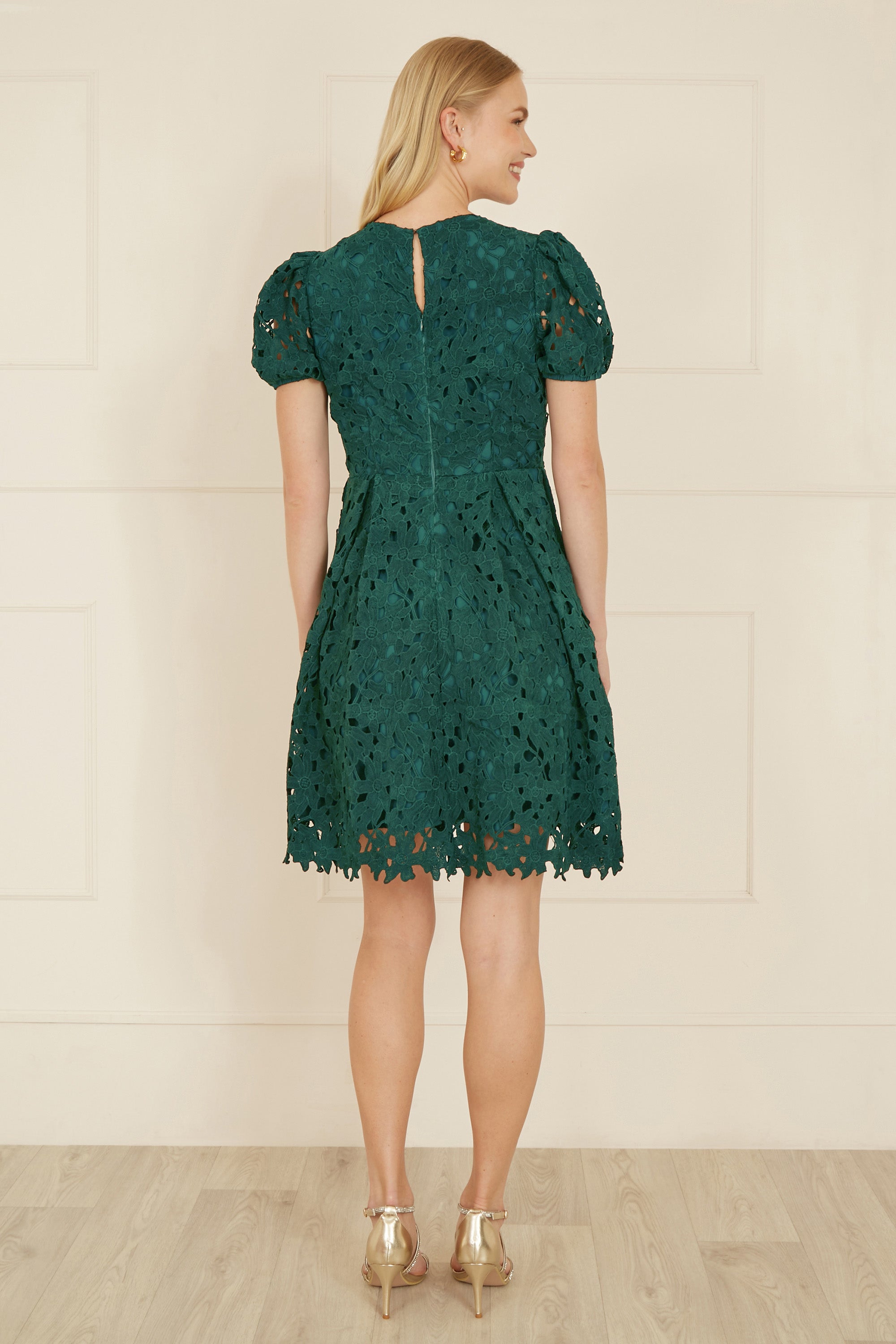 Yumi Green Lace Skater Dress with Puff Sleeves