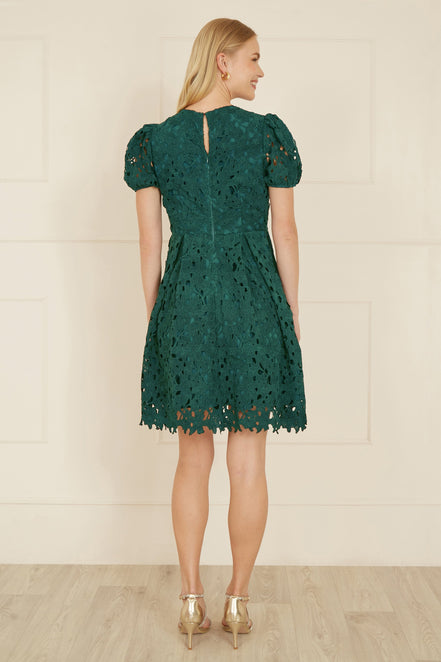 Yumi Green Lace Skater Dress with Puff Sleeves