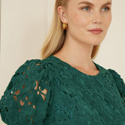 Yumi Green Lace Skater Dress with Puff Sleeves