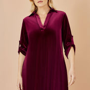 Yumi Burgundy Velvet Tunic Dress with 3/4 Sleeves