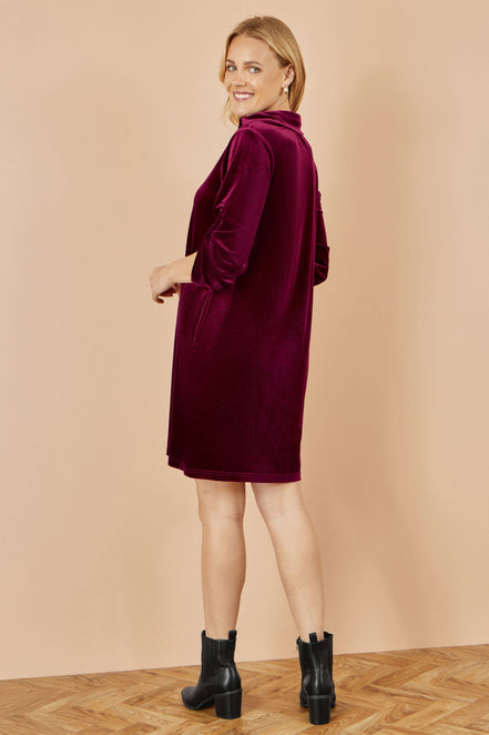 Yumi Burgundy Velvet Tunic Dress with 3/4 Sleeves