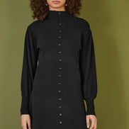 Yumi Black Knitted Button Up Midi Dress with Balloon Sleeves