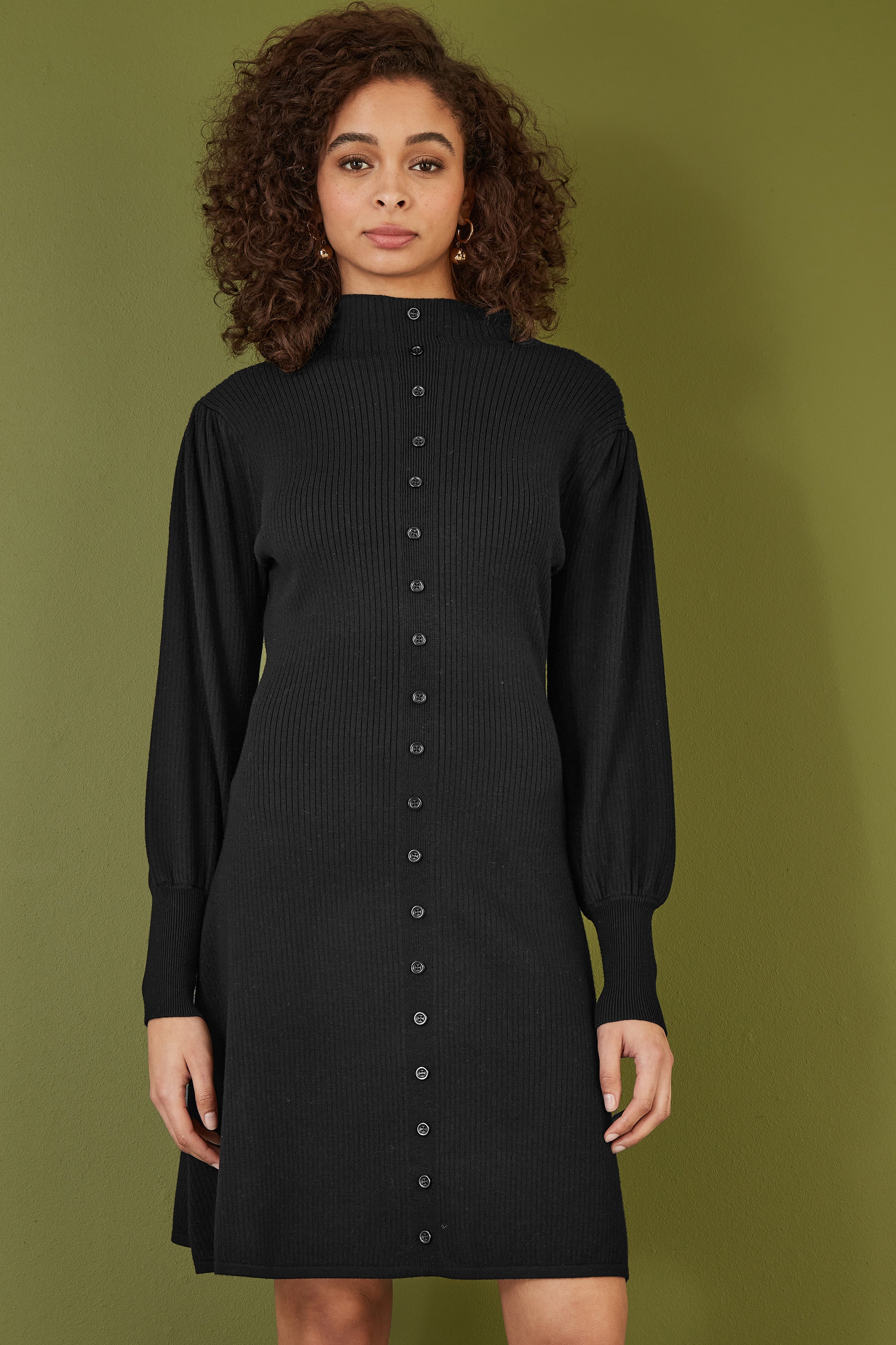Yumi Black Knitted Button Up Midi Dress with Balloon Sleeves