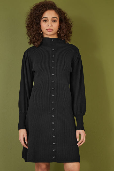 Yumi Black Knitted Button Up Midi Dress with Balloon Sleeves