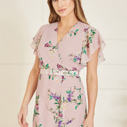 Yumi Blush Wrap Over Midi Dress with Frill Details and Matching Belt