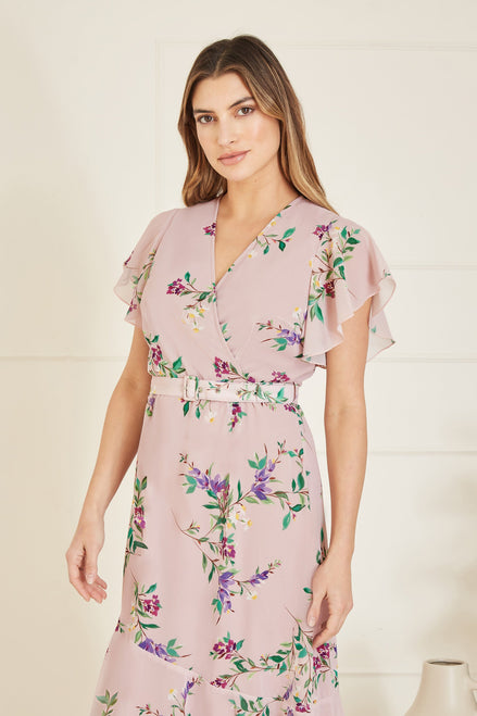 Yumi Blush Wrap Over Midi Dress with Frill Details and Matching Belt