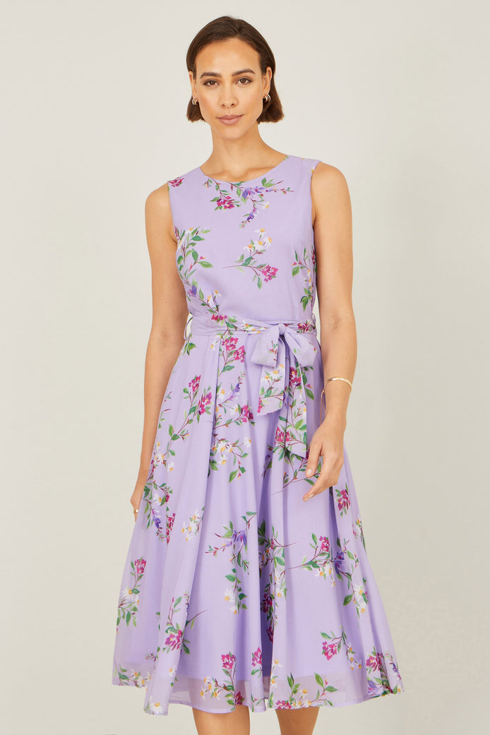 Yumi Lilac Floral Print Midi Skater Dress