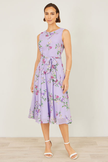 Yumi Lilac Floral Print Midi Skater Dress