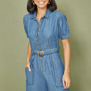 Yumi Blue Cotton Chambray Button Up Jumpsuit