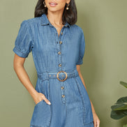 Yumi Blue Cotton Chambray Button Up Jumpsuit
