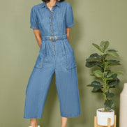 Yumi Blue Cotton Chambray Button Up Jumpsuit