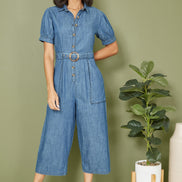 Yumi Blue Cotton Chambray Button Up Jumpsuit