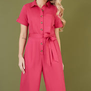 Yumi Pink Viscose Twill Button Up Utility Style Jumpsuit