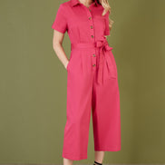 Yumi Pink Viscose Twill Button Up Utility Style Jumpsuit