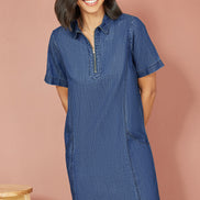 Yumi Blue Cotton Chambray Tunic with Zip Neckline