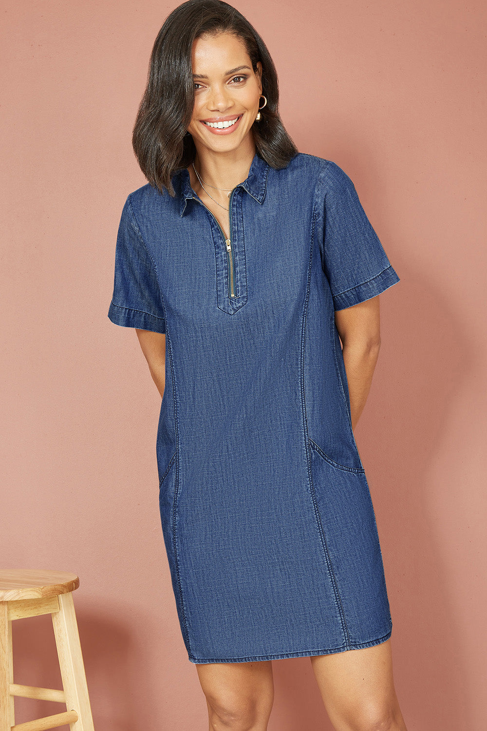Yumi Blue Cotton Chambray Tunic with Zip Neckline