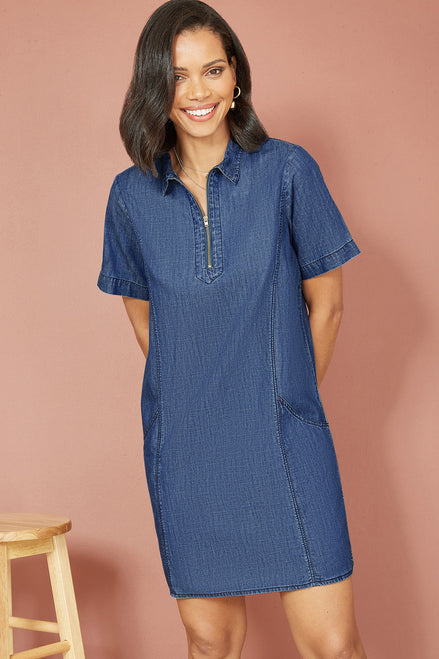 Yumi Blue Cotton Chambray Tunic with Zip Neckline