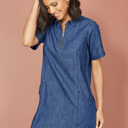 Yumi Blue Cotton Chambray Tunic with Zip Neckline