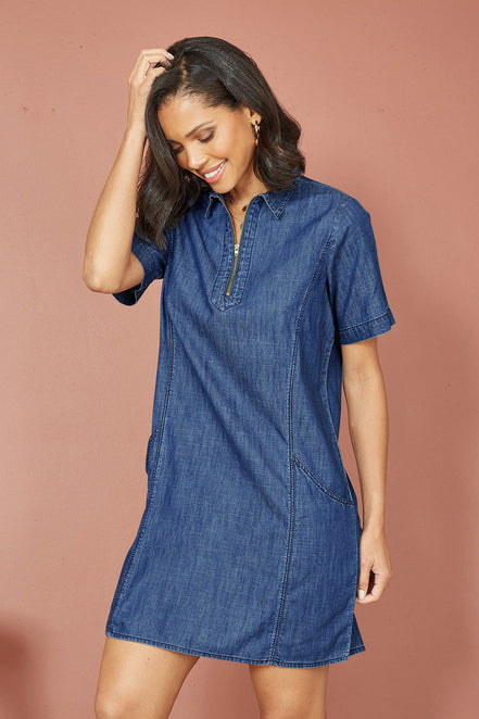 Yumi Blue Cotton Chambray Tunic with Zip Neckline