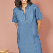 Yumi Blue Cotton Chambray Tunic with Zip Neckline