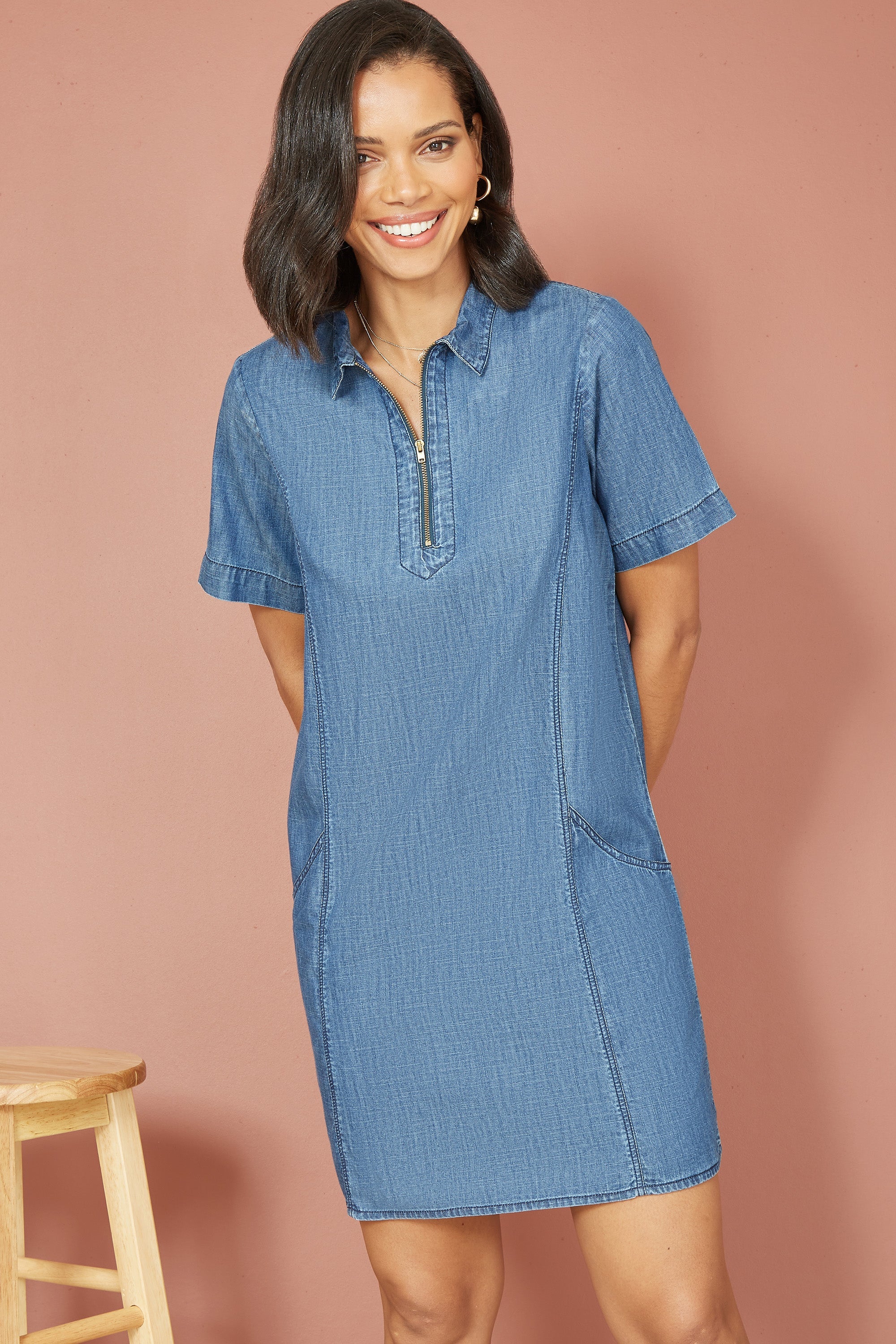 Yumi Blue Cotton Chambray Tunic with Zip Neckline