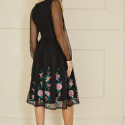 Yumi Black Embroidered Long Mesh Sleeve Prom Skater Dress