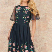 Yumi Navy Embroidered Sleeve Prom Skater Dress