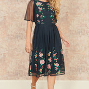 Yumi Navy Embroidered Sleeve Prom Skater Dress