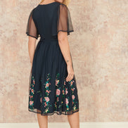 Yumi Navy Embroidered Sleeve Prom Skater Dress