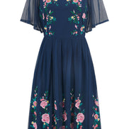 Yumi Navy Embroidered Sleeve Prom Skater Dress