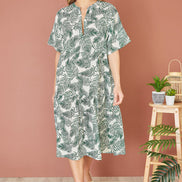 Yumi Green Organic Cotton Palm Print Tiered Tunic Dress