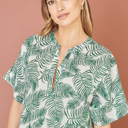 Yumi Green Organic Cotton Palm Print Tiered Tunic Dress