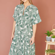 Yumi Green Organic Cotton Palm Print Tiered Tunic Dress