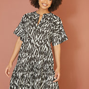 Yumi Black Organic Cotton Animal Print Tiered Tunic Dress