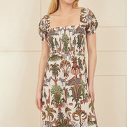 Yumi White Cotton Safari Print Ruched Midi Dress