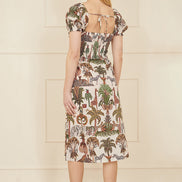 Yumi White Cotton Safari Print Ruched Midi Dress