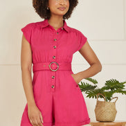 Yumi Pink Cotton Twill Button Up Playsuit with Matching Belt