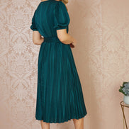 Yumi Green Satin Striped Midi Dress with Pleats and Matching Belt