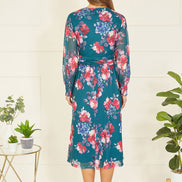Yumi Green Floral Print Stretch Mesh Dress with Pockets